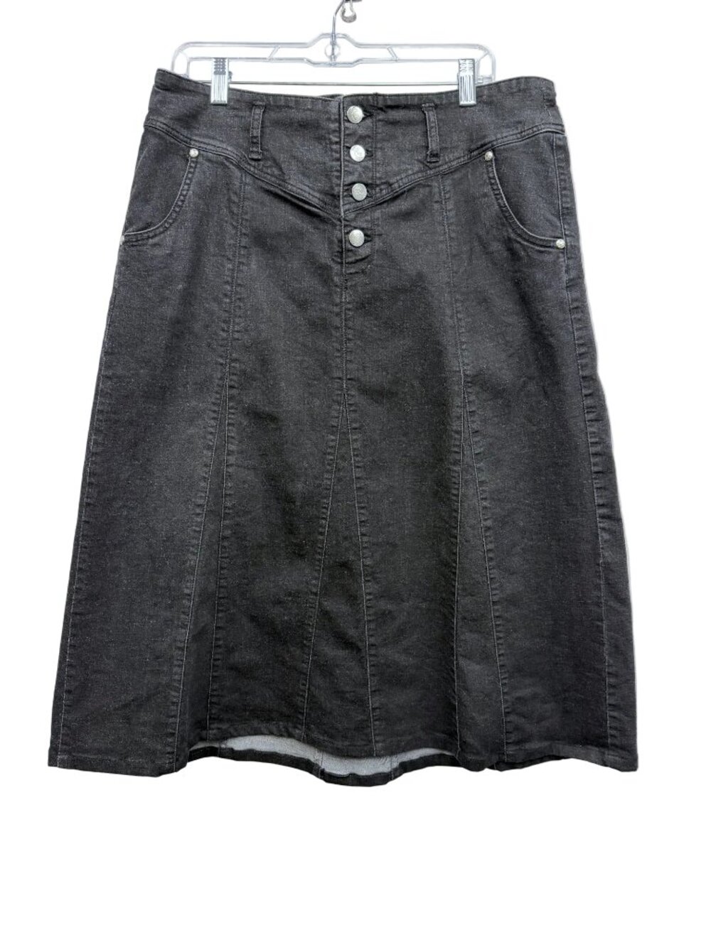 Style J Size 34 corporate goth wide-waistband button up black denim knee-skirt